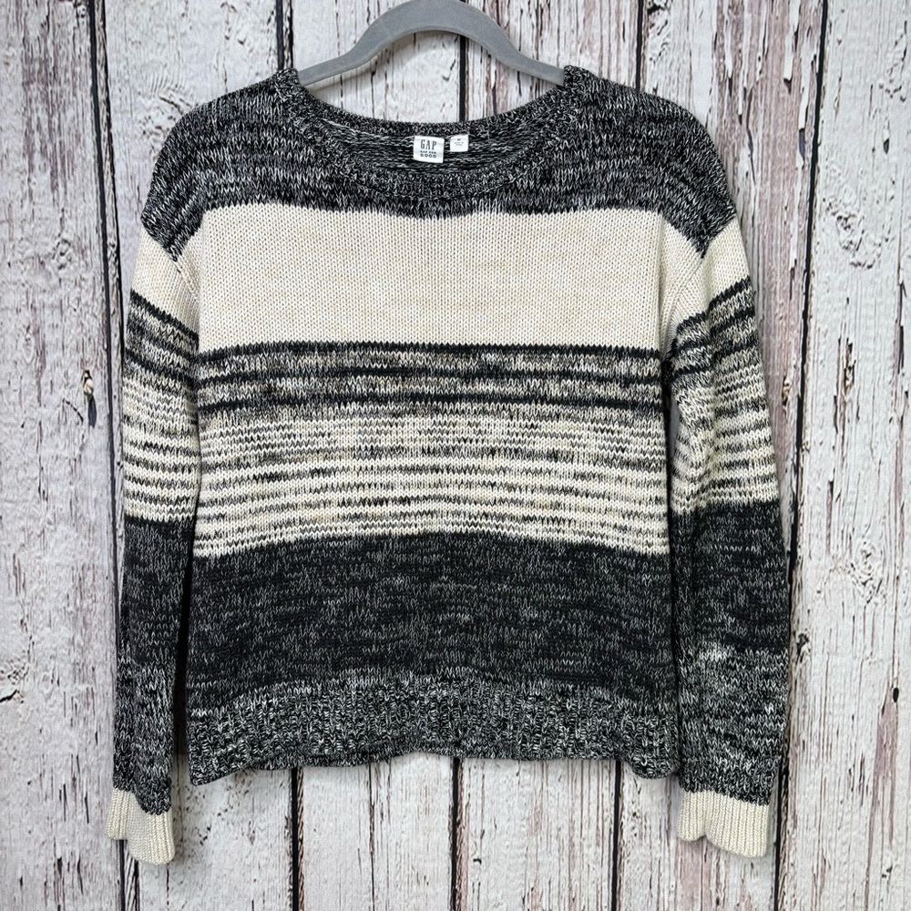 GAP Sweater Women’s Medium Pullover Black Ivory Striped 100% Cotton Long‎ Sleeve